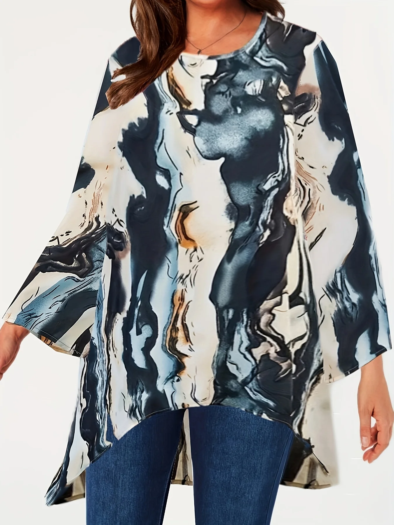 Women's Plus Size Chiffon Graphic Print High Low Hem Shirt, Retro Style Crew Neck Geometric-pattern Top - Deanwangkt