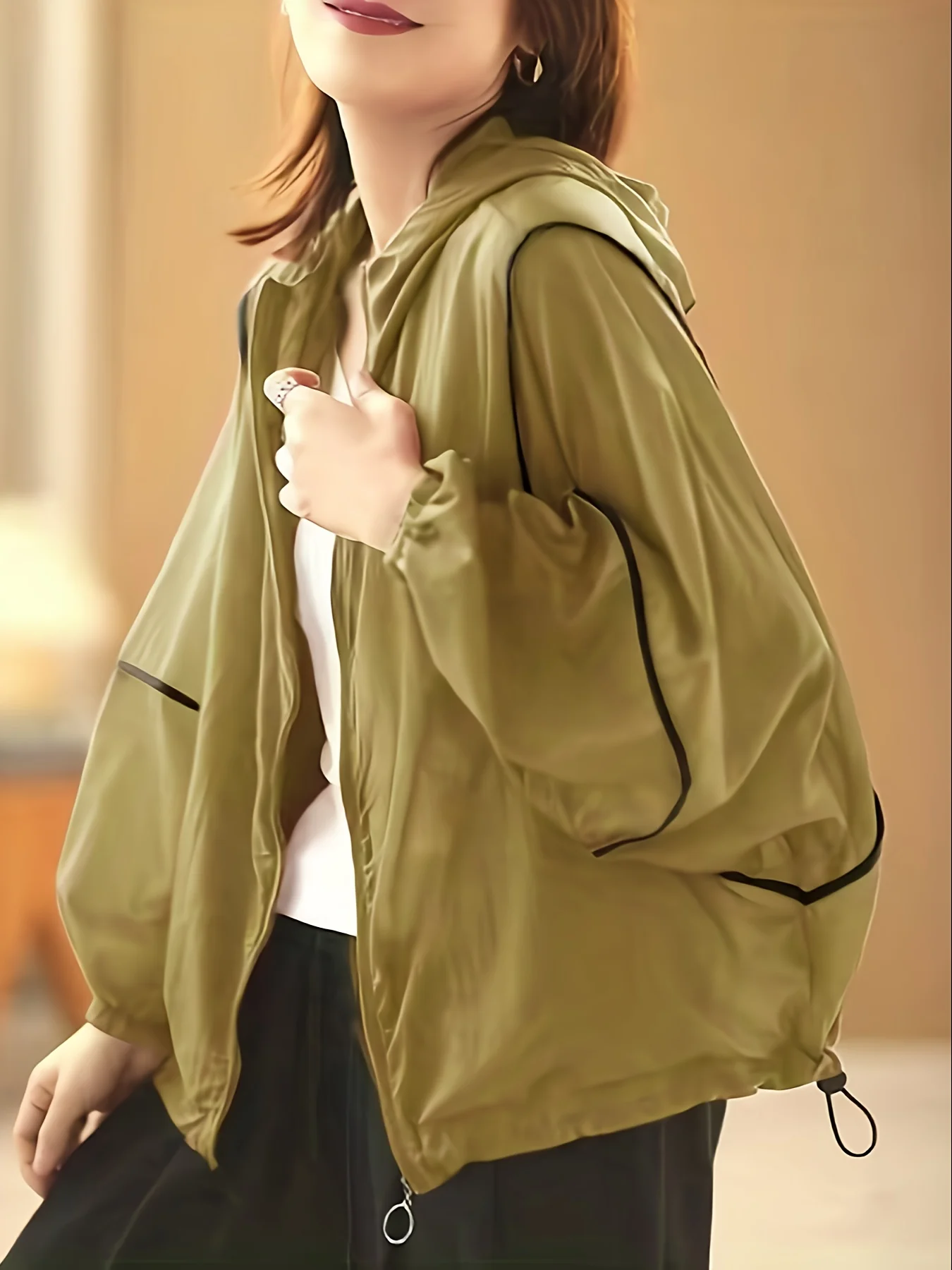 deanwangkt-1 Striped Loose Hooded Jacket, Casual Zip Up Long Sleeve Outerwear, Women's Clothing - Deanwangkt