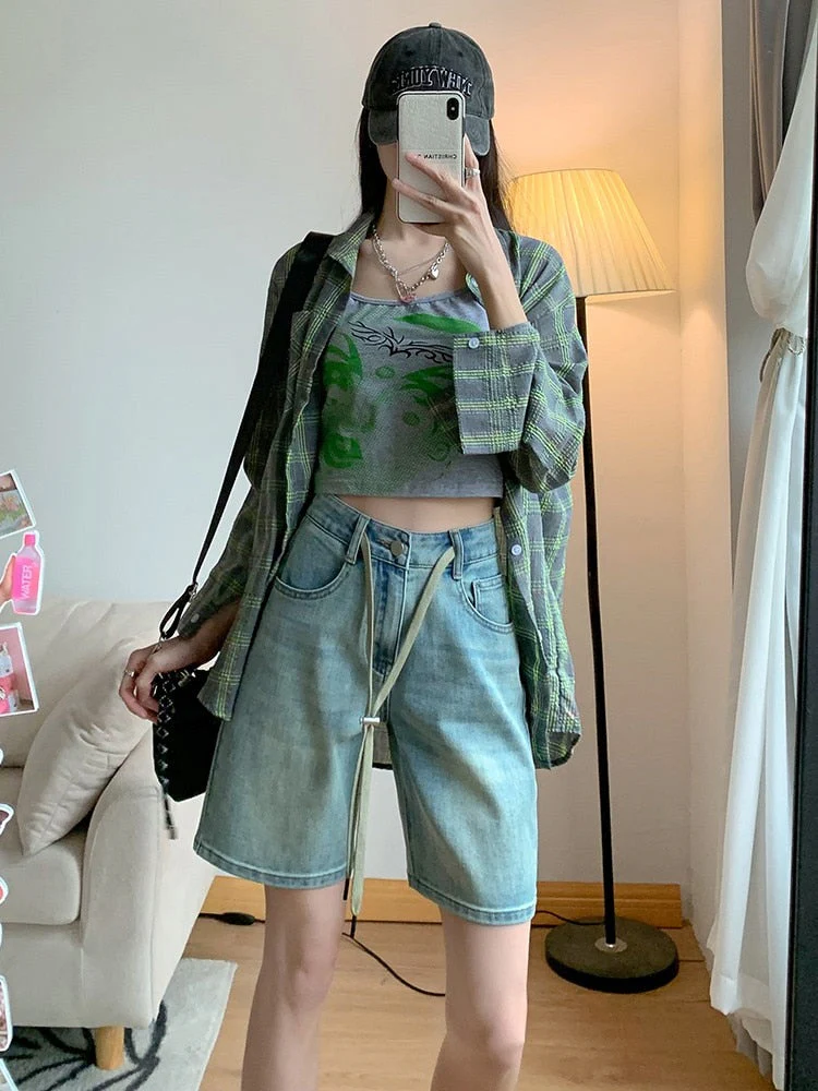 deanwangkt Summer High Waist Elastic Quarter Jeans Shorts For Women Loose Slim Straight Short Pants - Deanwangkt