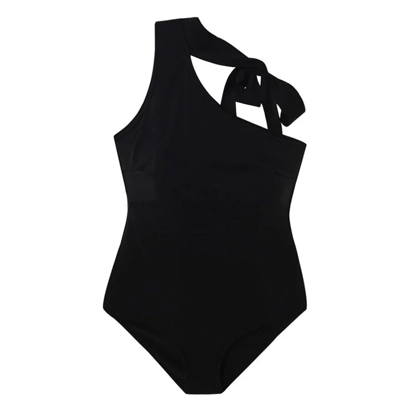 deanwangkt Sexy One Shoulder One Piece Swimsuit Women Solid Swimwear High Neck Belt Monokini Halter Swim Suit Korea Bathing Suit Push Up - Deanwangkt