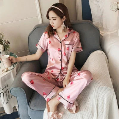 Newest Silk Pajamas for Women Sweet Leopard Pyjamas Woman Elegant Short Sleeve Long Pant Homewear Ladies Sleepwear Sets - Deanwangkt