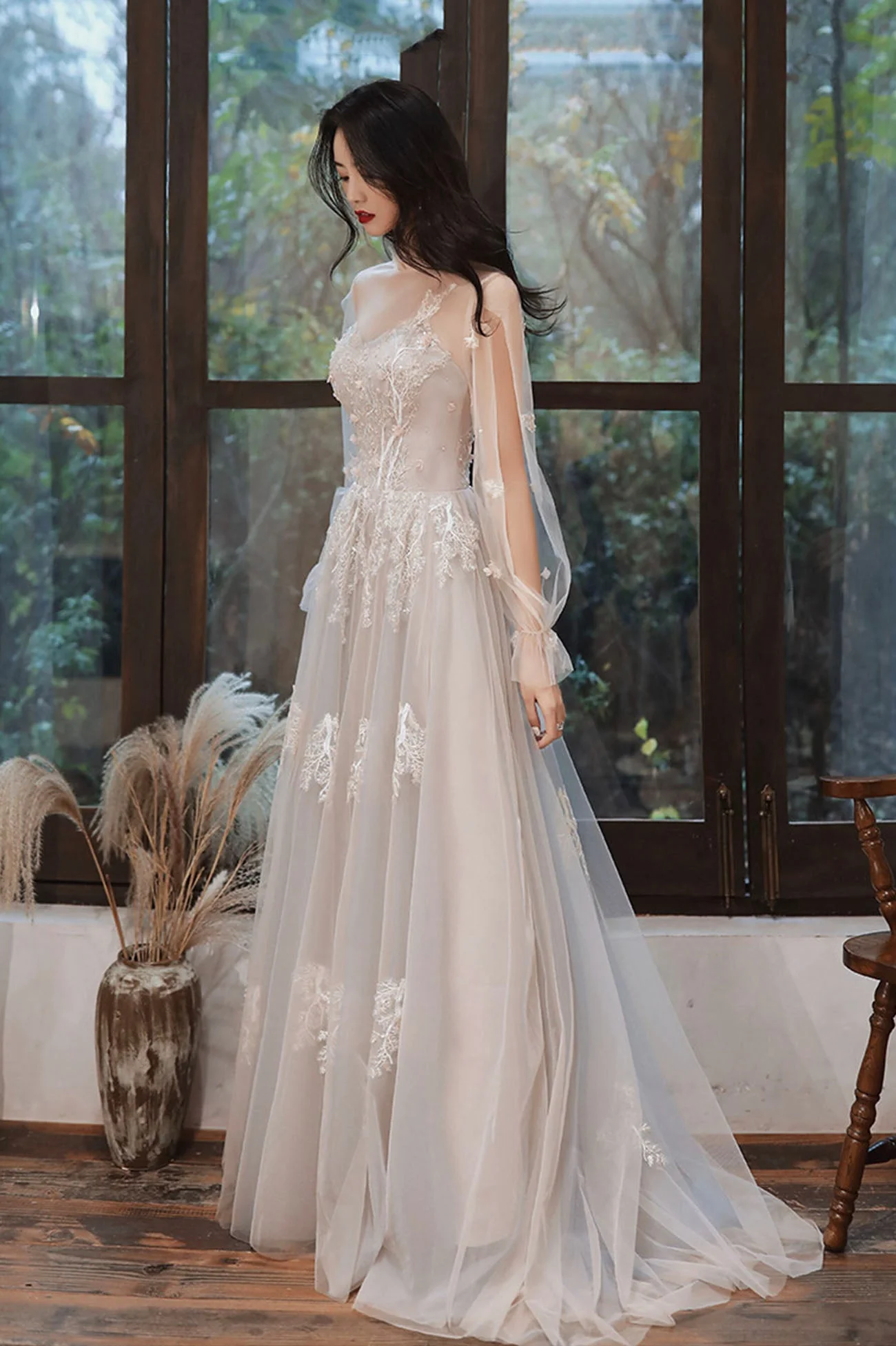 solvbao Lovely Lace Long A-Line Formal Dress, Long Sleeve Evening Dress - Deanwangkt