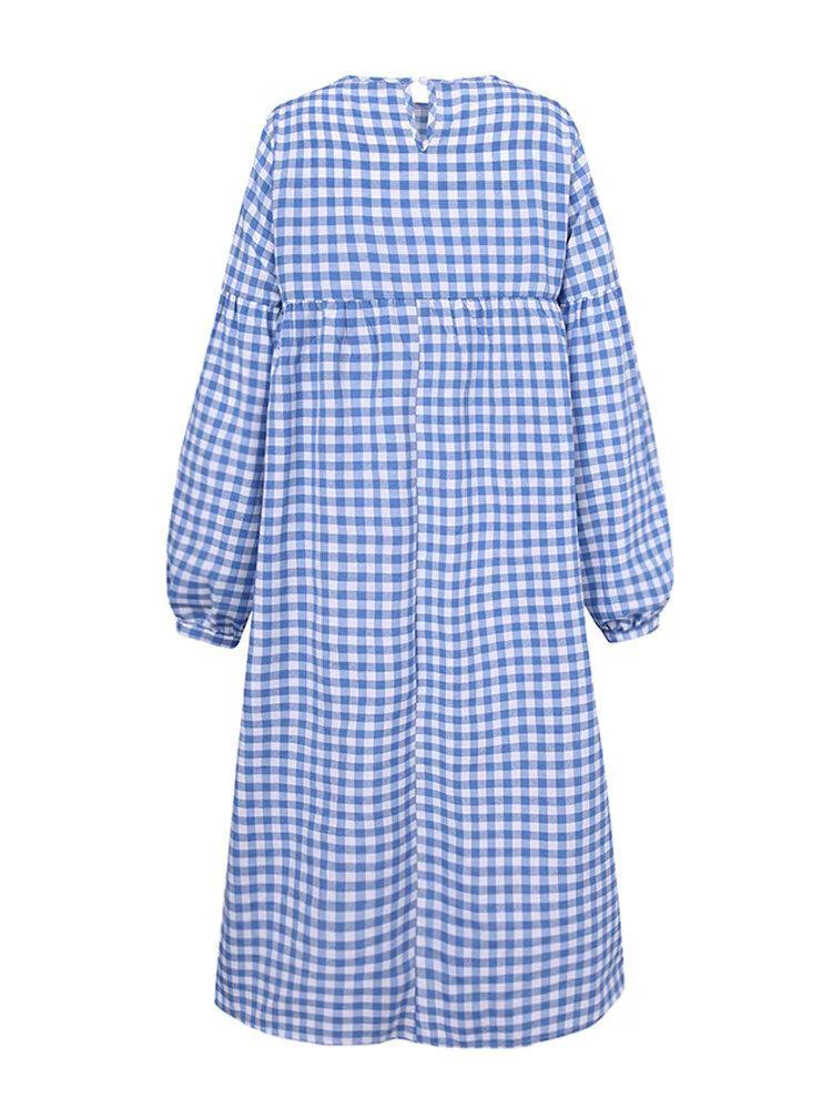 deanwangkt Women's Casual Plaid Midi Dress with Bohemian Puff Sleeves - Deanwangkt