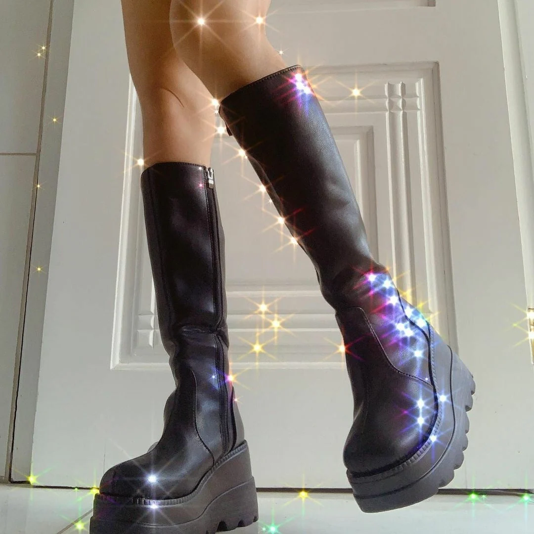 DEANWANGKT  Band Goth Platform Wedges Punk Chunky Mid Calf Boots Women Thick Heel Autumn Trendy Cosplay Casual Shoes Women - Deanwangkt