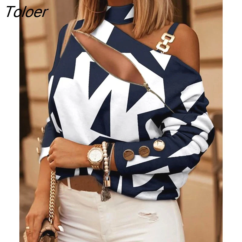 deanwangkt Off Shoulder Women Blouse Halter Neck Long Sleeve Button Print Zipper Casual Loose Top Autumn Elegant Office Ladies Blouses - Deanwangkt