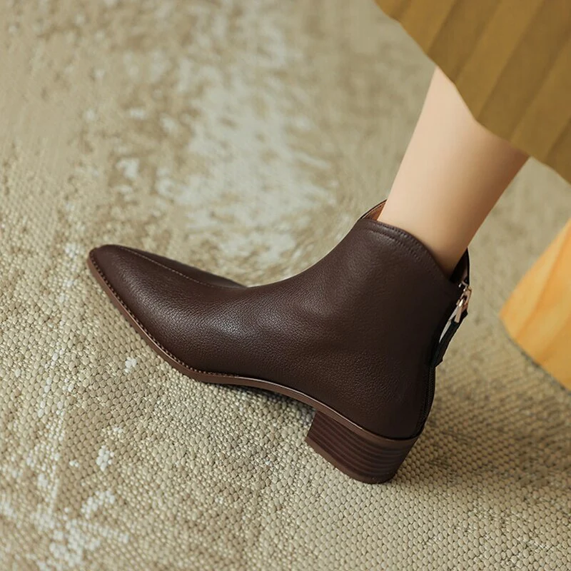 deanwangkt Autumn Shoes    NEW Autumn Boots Women Split Leather Shoes for Women Pointed Toe Chunky Heel Shoes Retro Zipper Short Boots Apricot Ankle Boots - Deanwangkt