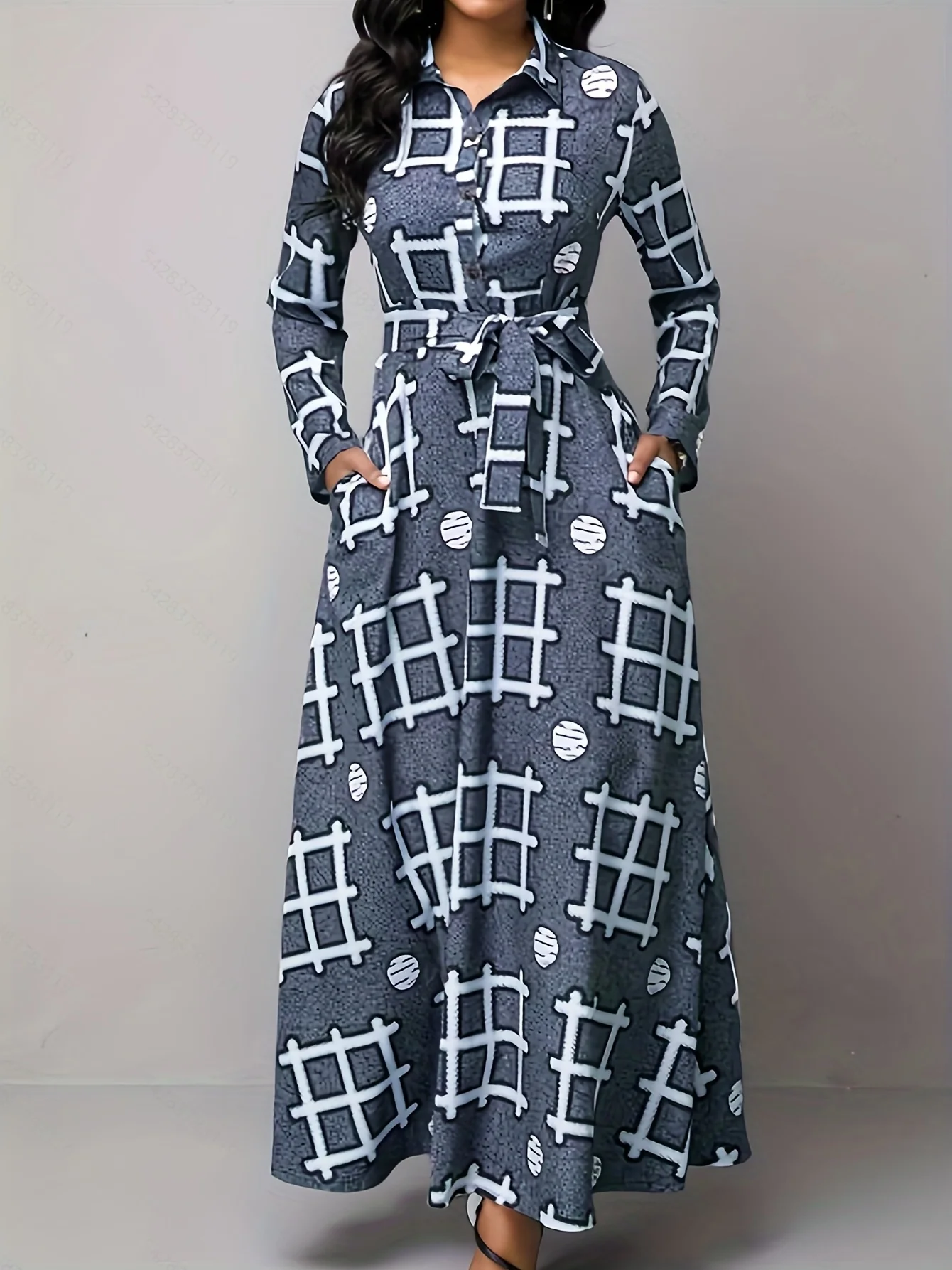 Plus Size Casual Dress, Women's Plus Geometric Print Button Up Long Sleeve Turn Down Collar Maxi Shirt Dress With Pockets - Deanwangkt