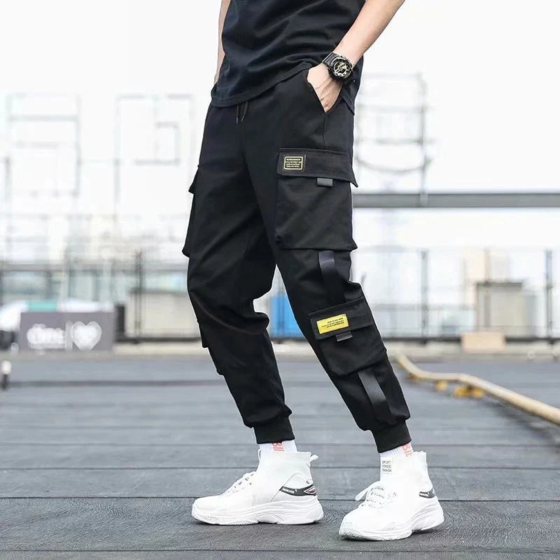 DEANWANGKT Mens Vintage Hip Hop Style Baggy Jeans Men's Side Pockets Cargo Harem Pants Ribbons Black Hip Hop Casual Male Joggers Trousers Fashion Casual Streetwear Pants 5XL - Deanwangkt