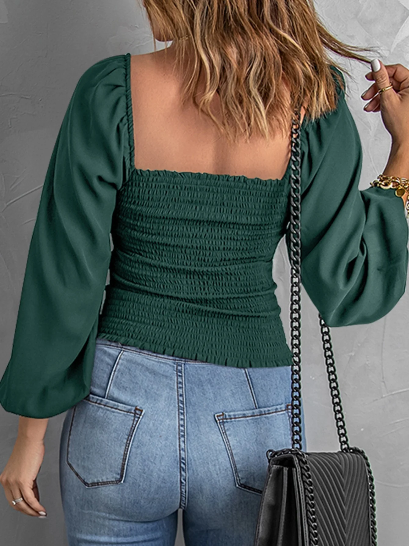 Solid Lantern Sleeve Blouse, Square Neck Long Sleeve Blouse, Casual Every Day Tops, Women's Clothing - Deanwangkt