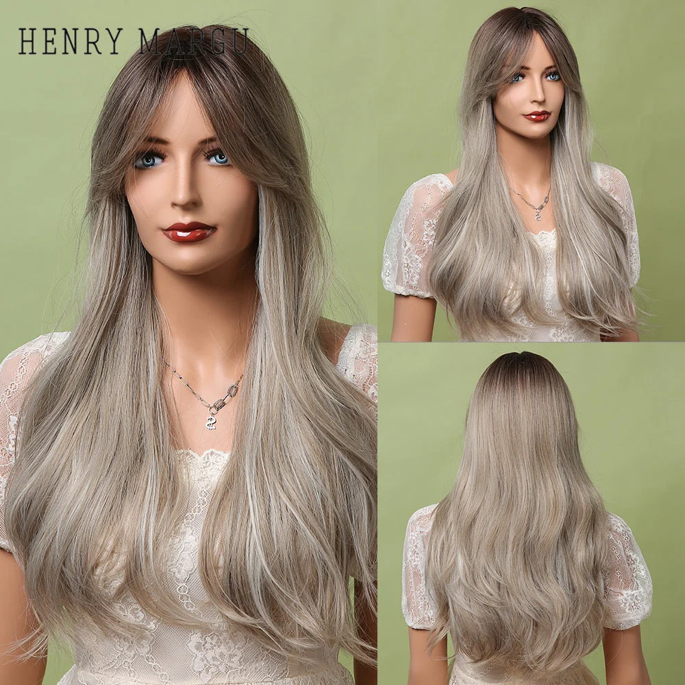 Long Ombre Brown Light Ash Platinum Blonde Wavy Wigs Cosplay Party Synthetic Wig for Women High Temperature Fibre - Deanwangkt