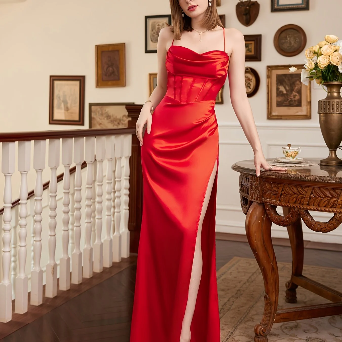 Cowl Neck Corset Cami Dress, Satin Formal Cocktail Prom Dress, Women's Clothing - Deanwangkt