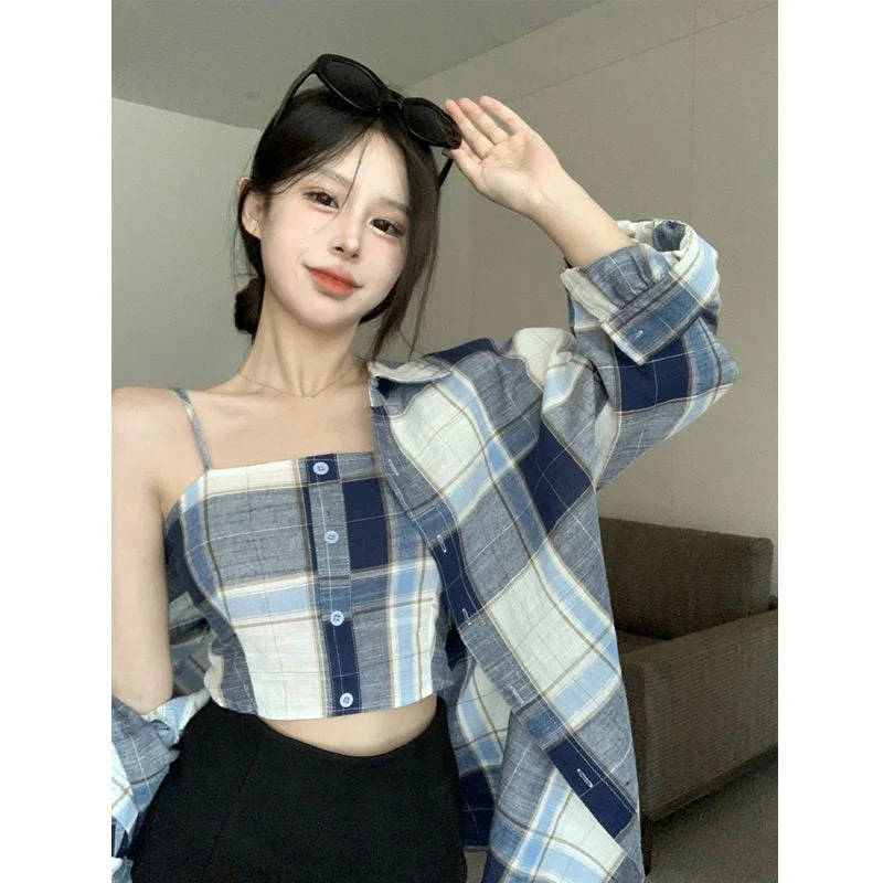 deanwangkt Spring Simplicity Plaid Turn-down Collar Long Sleeve Blouse Women Clothes Casual Buttons Slim Sling T-Shirt Two-piece Dress Tops - Deanwangkt