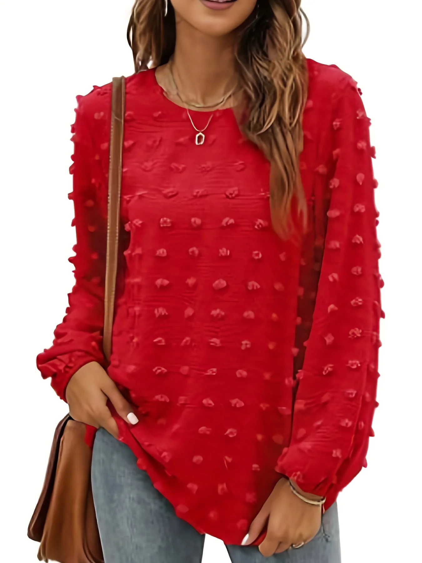 Plus Size Casual Top, Women's Plus Solid Swiss Dot Lantern Sleeve Round Neck Tunic Top - Deanwangkt