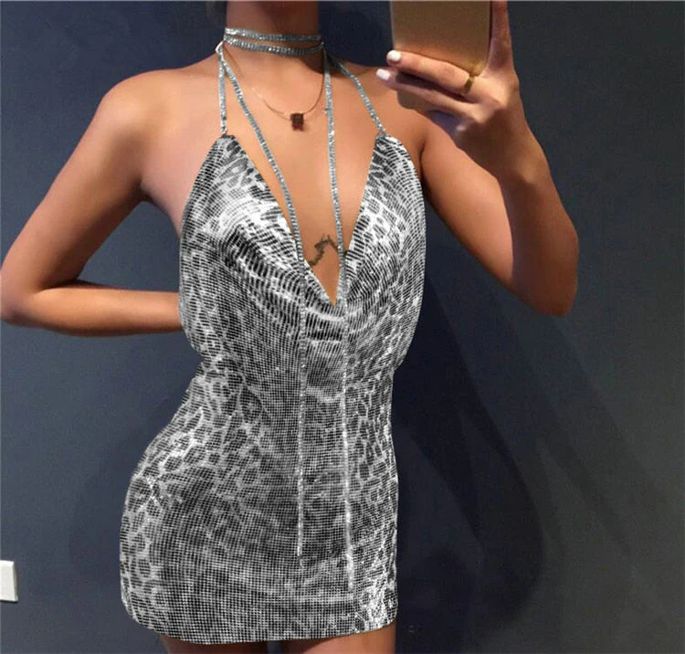 SRUBY Sexy Backless Metal Party Summer Dress Women Beach Night club Mini slip dress Glitter Sequin ladies Dresses  Christmas - Deanwangkt