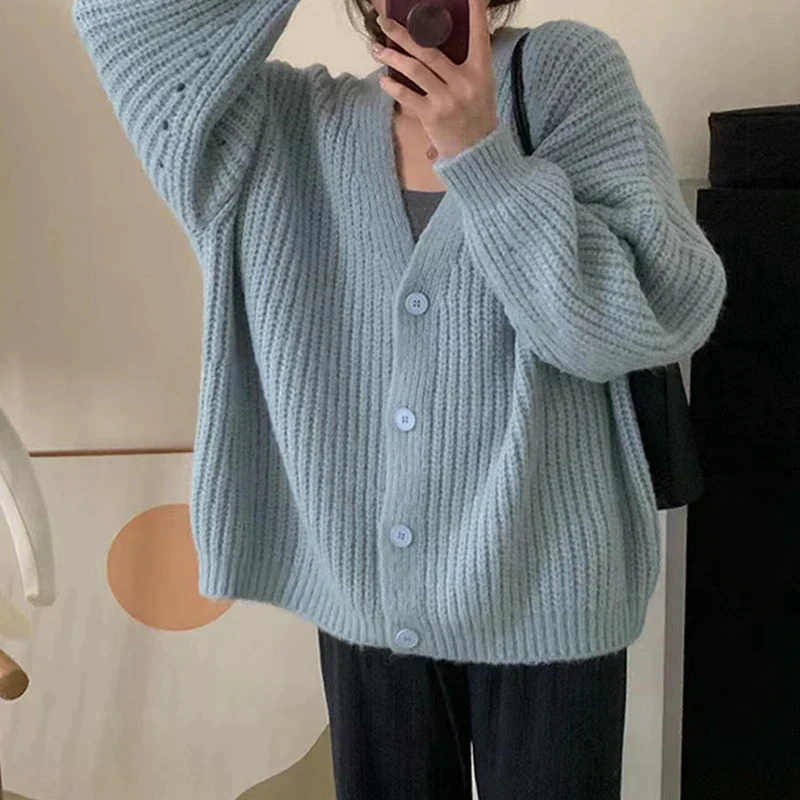 deanwangkt Chunky Knit Cardigan Women Long Sleeve V-Neck Button Up Sweaters Jacket Chic Knitwear Autumn Winter Outfit - Deanwangkt