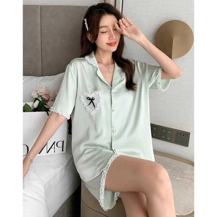 New 2 Piece Women Set Summer Short Sleeve Pajamas for Woman Fashion Silk Sleepwear Pink Lace Pocket Sexy Satin Pajama Homewear - Deanwangkt
