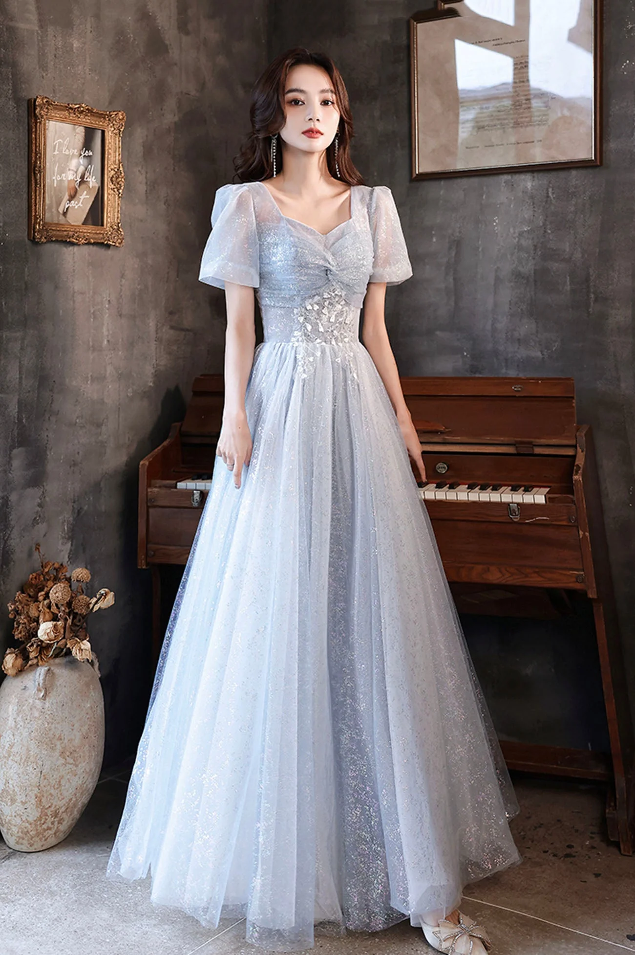 solvbao Blue Tulle Long  A-Line Formal Dresses, Shiny V-Neck Evening Dresses - Deanwangkt