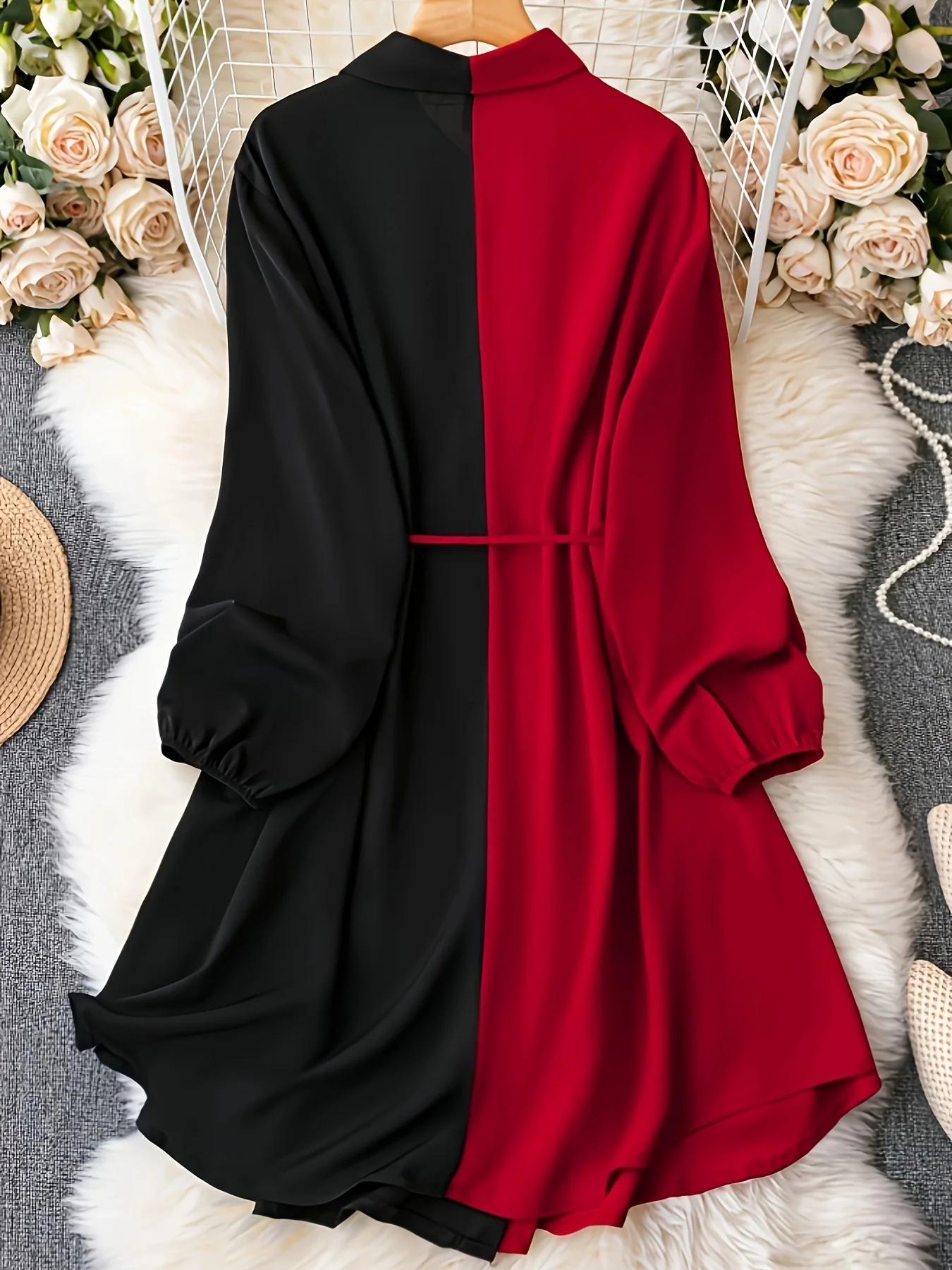 Plus Size Casual Blouse, Women's Plus Colorblock Long Sleeve Button Up Lapel Collar Shirt Longline Top With Belt - Deanwangkt