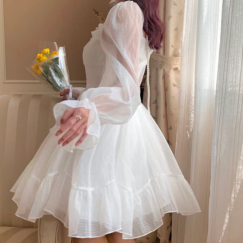 deanwangkt French Sweet Fairy Lolita Dress Women Long Sleeve Lace Y2k Mini Dress Vintage Kawaii Clothes One Piece Dress Korean  Autumn - Deanwangkt