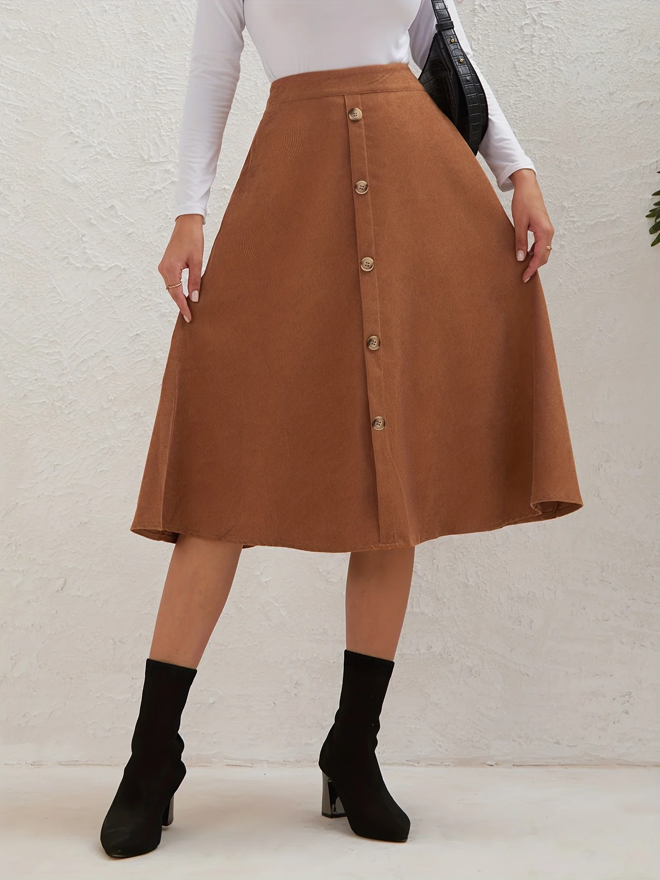 deanwangkt-1 Casual Faux Suede Long Skirts, High Waist Button Fashion Skirts, Women's Clothing - Deanwangkt