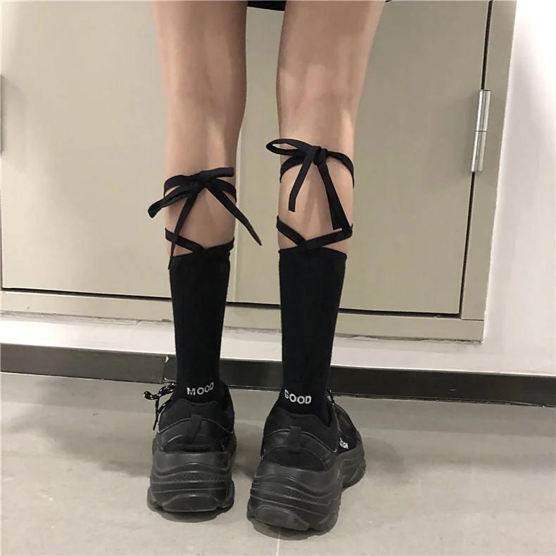 deanwangkt Japanese Reflective Stockings Bandage Lolita Socks Long Knee Socks Korea Style Women White Cotton Socks Cosplay JK Socks Cute - Deanwangkt