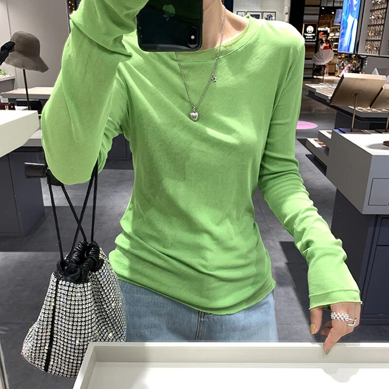 Wenkouban Long Sleeve Tops For Women Solid Cotton Tee Shirt Femme Korean Fashion Clothing Casual Tshirts Slim T-Shirt Tees Spring Autumn - Deanwangkt