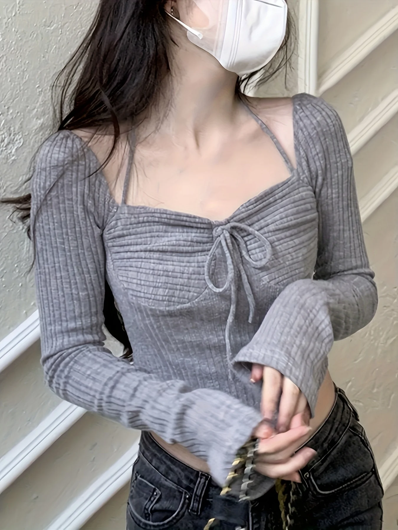 deanwangkt-1 Curved Hem Tie Front T-Shirt, Elegant Square Neck Crop Solid T-Shirt For Spring & Fall, Women's Clothing - Deanwangkt