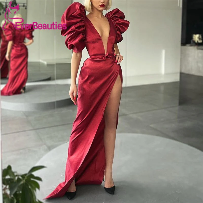 Abiballkleid Mermaid Evening Dresses  V-Neck Long Prom Gown Satin Robe De Soiree Side Split Sukienka Na Wesele - Deanwangkt