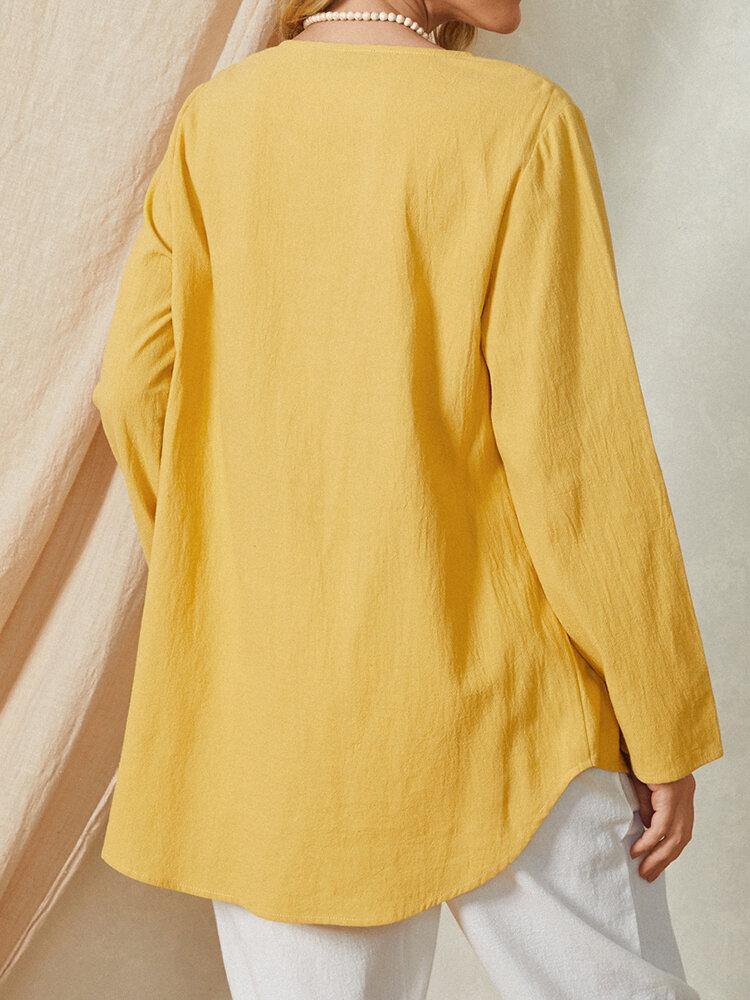 deanwangkt Women Mustard Yellow V-neck Front Pocket Design Long Sleeve Casual Shirts - Deanwangkt