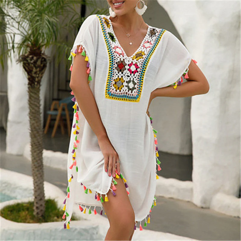 deanwangkt  Tassel Beach Cover Up Dress Woman Summer  Pareo Bathing Suit Cover Ups White Crochet Swim Coverup Female Tunics Cover-up - Deanwangkt