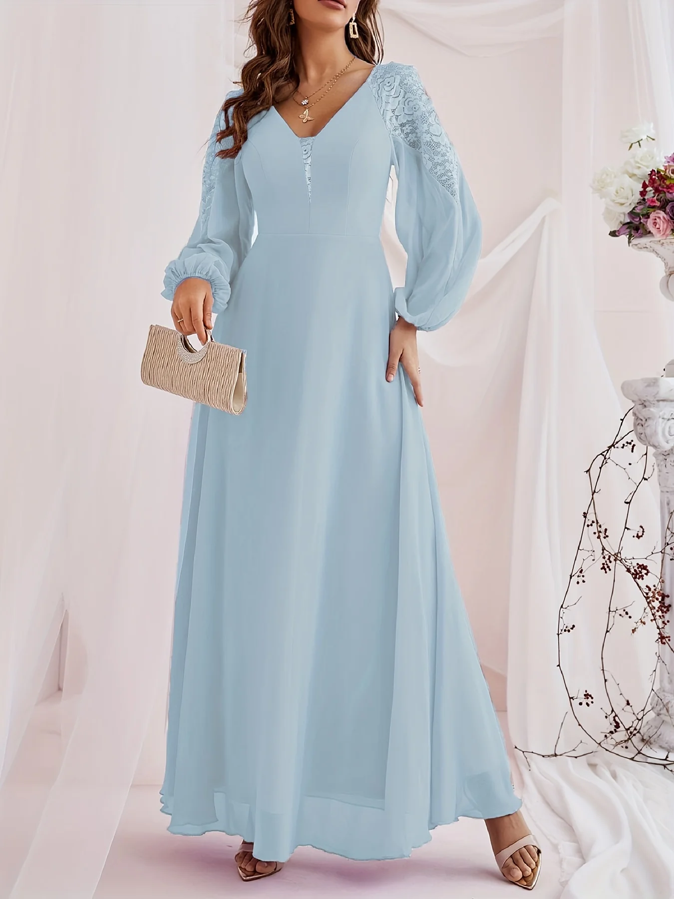 Solid Contrast Lace Dress, Elegant V Neck Long Sleeve Maxi Dress, Women's Clothing - Deanwangkt