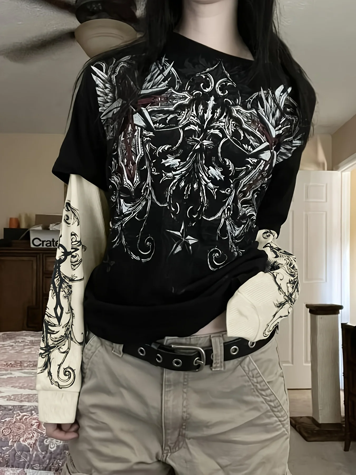 deanwangkt-1 Graphic Print Color Block T-Shirt, Vintage Long Sleeve T-Shirt For Spring & Fall, Women's Clothing - Deanwangkt