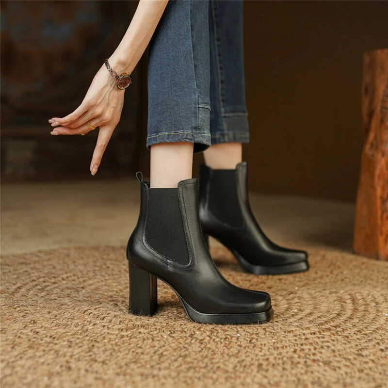 deanwangkt Autumn Boots   NEW Fall Shoes Women Split Leather Boots Square Toe Chunky Heel Shoes Solid Platform Modern Boots Eengent Super High Heel Boots - Deanwangkt