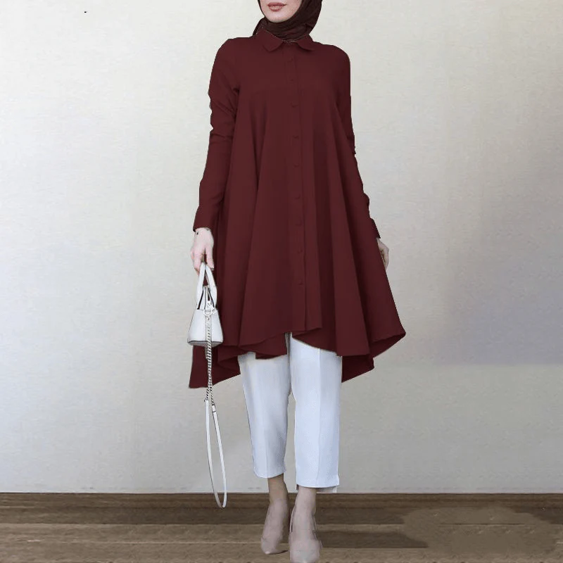 deanwangkt Women's Solid Color Long-Sleeved Shirt with Lapel Hem for a Chic Look - Deanwangkt