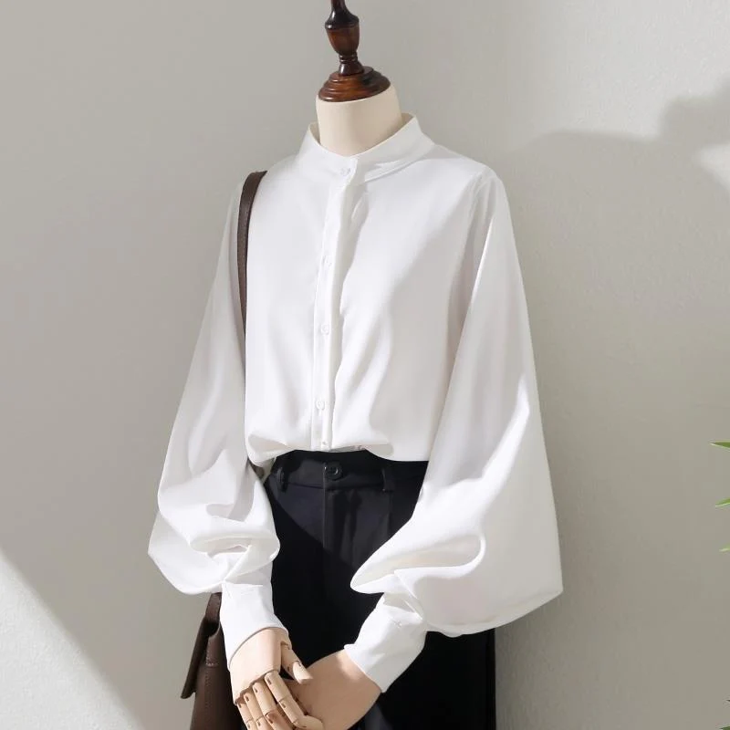 Woman Spring Autumn Style Blouses Shirt Lady Long Lantern Sleeve Stand Collar Loose Blusas Tops - Deanwangkt