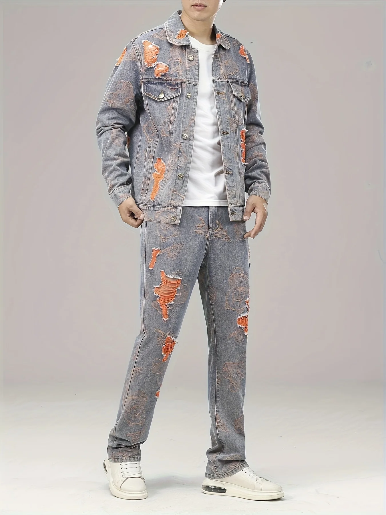 deanwangkt-1 Men's Denim Outfit, Ripped Chest Pocket Jacket And Trendy Straight Leg Jeans Set - Deanwangkt