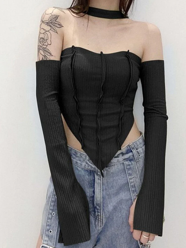 Wenkouban Graduation Gifts Y2K Top Women Long Sleeve T-Shirts 2 Piece Tops Halter Tanks Backless Crop Top Off Shoulder Tees Sexy Christmas Clothes - Deanwangkt