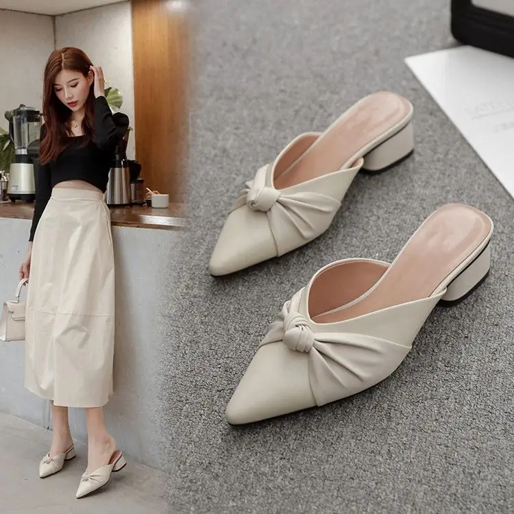 deanwangkt Shoes for Women Brown Woman Slippers Job Leather Slides Mules Sandals Pointed Toe Summer High Up To 4cm Heel New Style Pvc - Deanwangkt