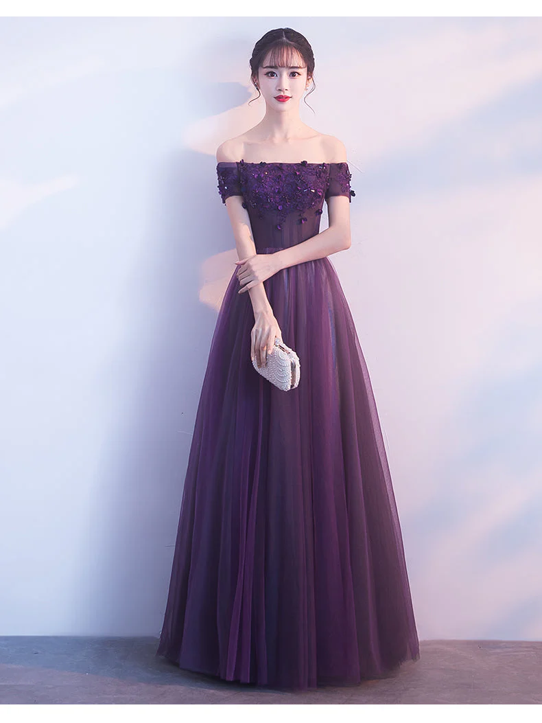 Solvbao Off Shoulder Purple Tulle with Lace Applique Party Dress, Purple Prom Dress - Deanwangkt