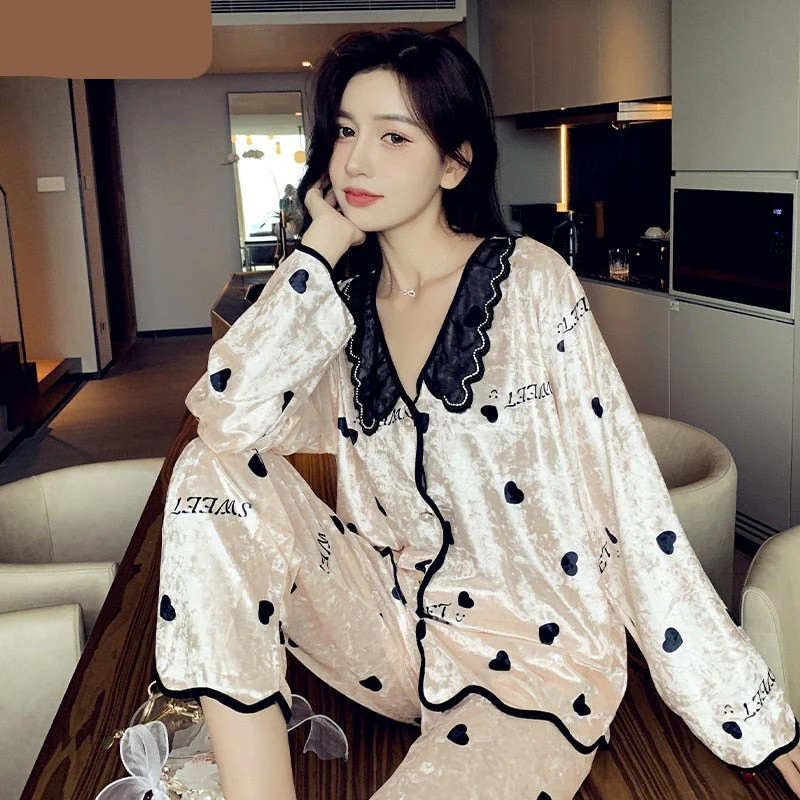 Women's Pajamas Set Velvet Sleepwear Cute Bow Print Lapel Homewear Casual Lace Nightwear Luxury Pyjamas Femme for Girl - Deanwangkt
