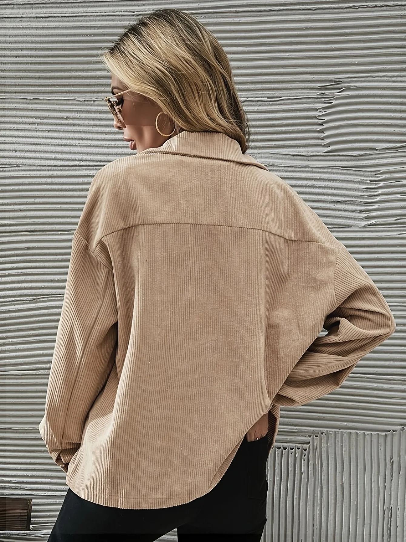 Solid Corduroy Button Down Jacket, Casual Long Sleeve Lapel Jacket, Women's Clothing - Deanwangkt