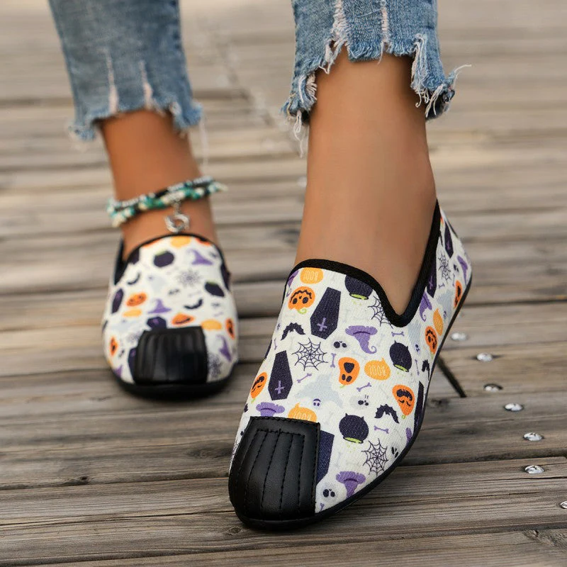 deanwangkt - Halloween Cream White Casual Patchwork Printing Round Comfortable Flats Shoes - Deanwangkt