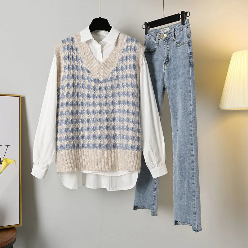 deanwangkt Women Sets 3 Pieces Outfits Elegant Fashion Office Ladies Simple All-Match Shirt Retro Knitted Vest Straight Jeans Schoolgirls - Deanwangkt
