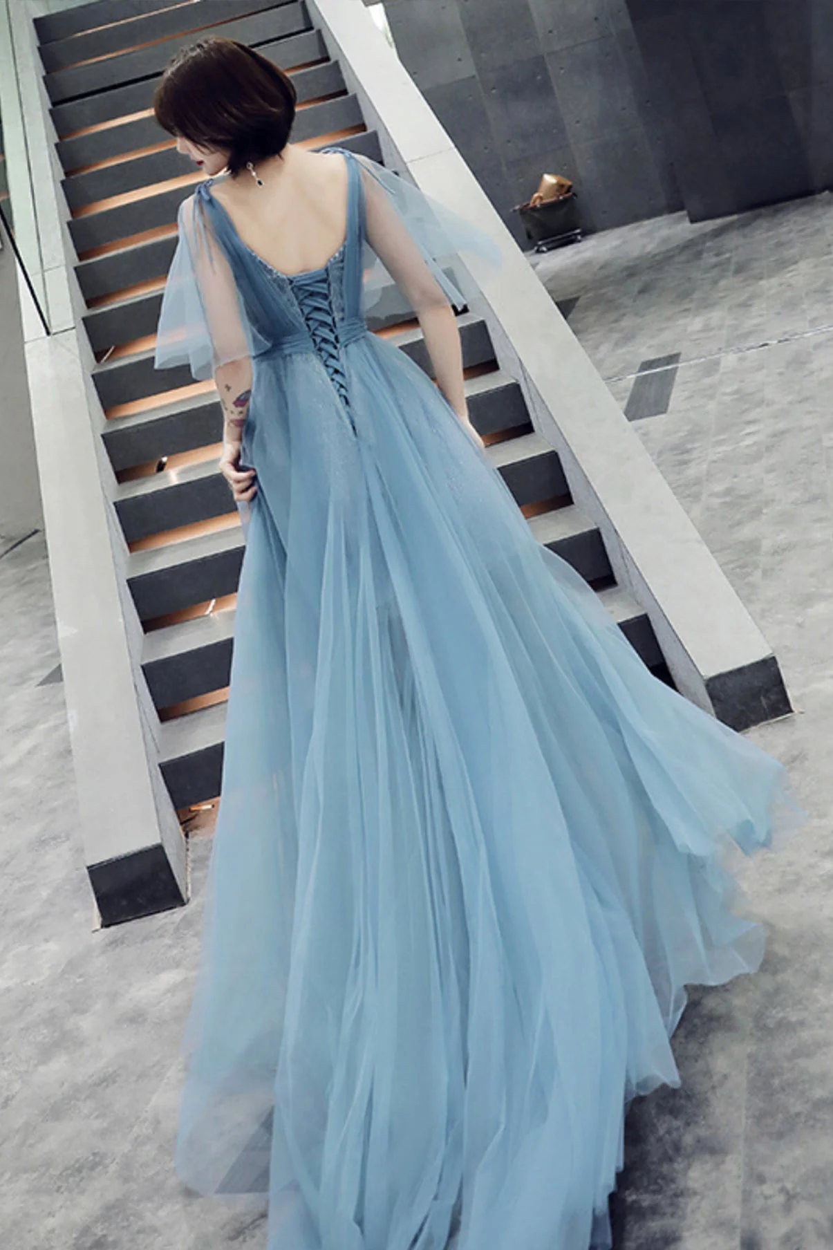 solvbao Blue V-Neck Tulle Long Prom Dreses, A-Line Evening Dresses - Deanwangkt