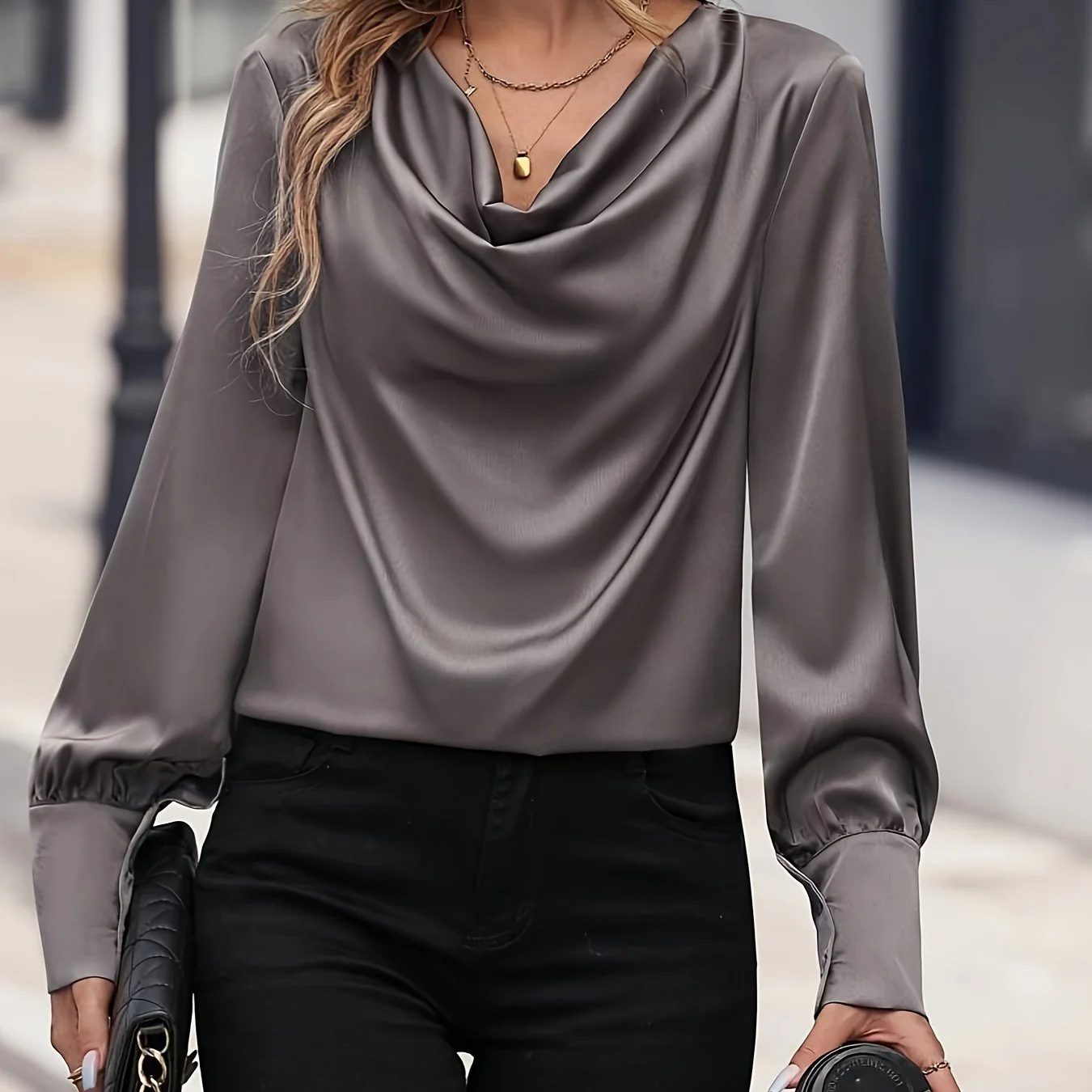 deanwangkt Solid Cowl Neck Blouse, Elegant Long Sleeve Blouse For Spring & Fall, Women's Clothing - Deanwangkt