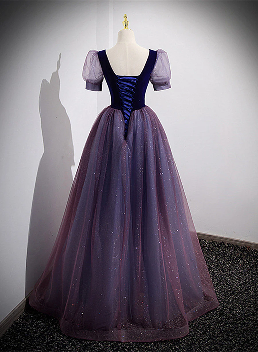 Solvbao Purple Velvet and Tulle Short Sleeves Evening Dress, Purple A-line Formal Dress Prom Dress - Deanwangkt