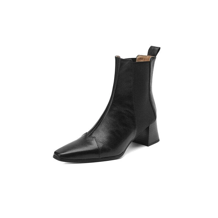deanwangkt  Autumn Shoes   Autumn Women Boots Square Toe Chunky Heel Short Boots Women Genuine Leather Shoes for Women Slip-on Boots Pleated Ladies Shoes - Deanwangkt