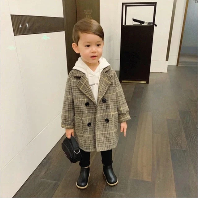 deanwangkt Baby Boy Girls Woolen Jacket Long Double Breasted Warm Infant Toddle Lapel Tweed Coat Spring Autumn Winter Baby Outwear Clothes - Deanwangkt
