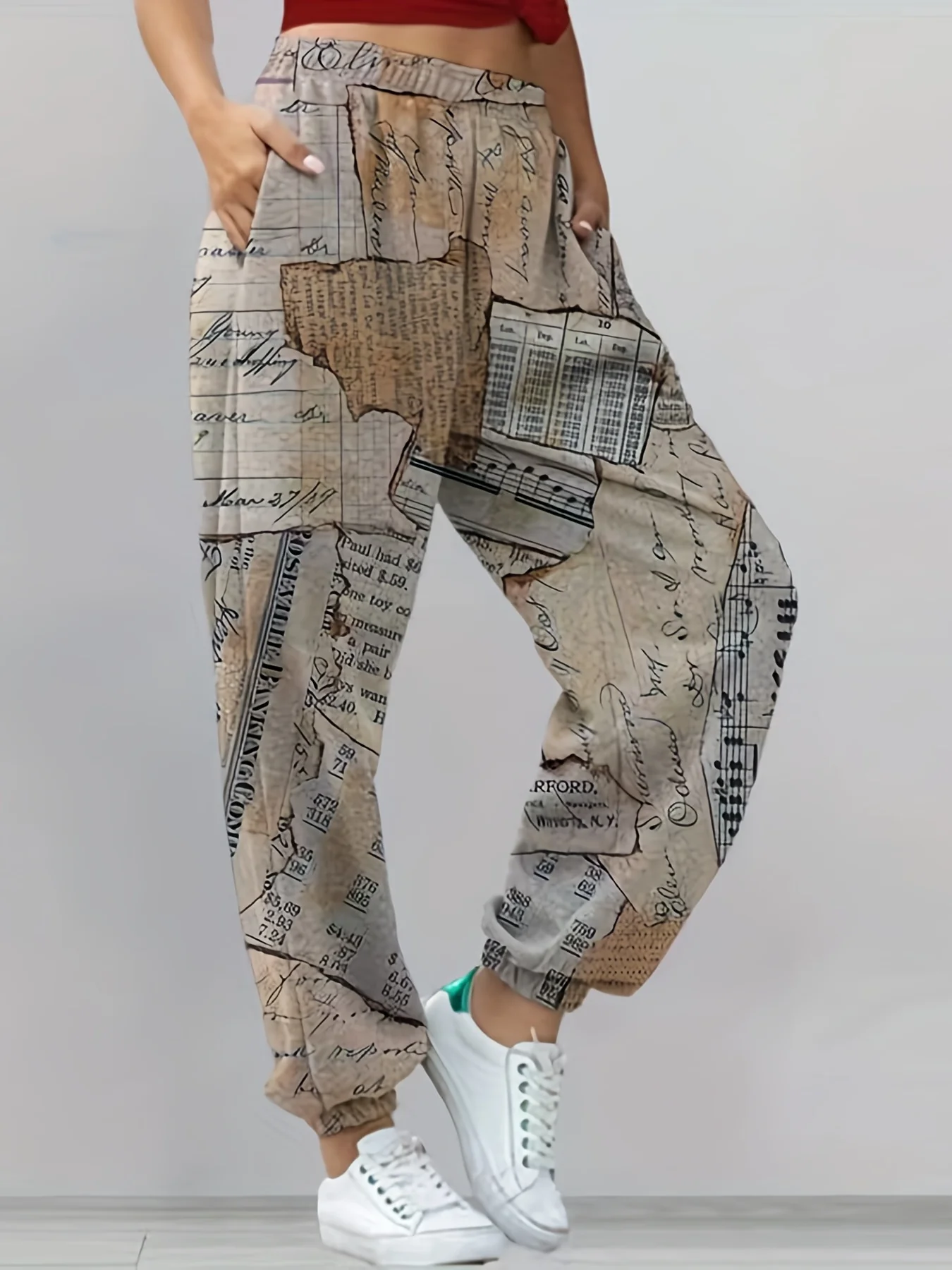 deanwangkt-1  Newspaper Print Sweatpants, Casual Everyday Versatile Jogger Pants Trousers, Women's Clothing - Deanwangkt