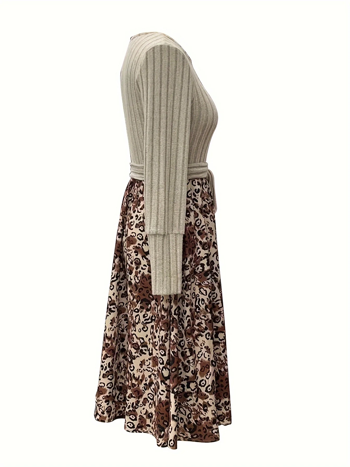 Leopard Print Splicing Dress, Elegant Crew Neck Long Sleeve Dress, Women's Clothing - Deanwangkt